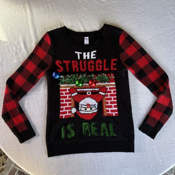Santa Struggle is Real Ugly Christmas Sweater‎ Fireplace Plaid M (7-9) - Picture 1 of 7